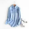 Kvinnors Blusar SHIRTS 2021 Spring Women Slim Långärmad Blus Vintage Tvättad Denim Skjorta, Plus Storlek Casual Blue Jeans Skjorta Märke Camis