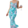 Paket Hip Fishtail Långtryck med Suspender Dress Womens Summer Temperament Lång Klänning Kvinnor Mode A-Line Dress Vestidos 210514