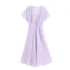 Women Chic Fashion Purple Polka Dot Textured Midi Dress Vintage Cross V Neck Short Sleeve Dresses Casual Girls Vestidos 210531