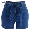 Liooil Ladies Short Jeans Cotton Blue Jean Shorts High Waist Women Summer Lace-Up Pockets Sexy Denim Woman Shorts 210625