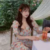 Nomikuma сладкие цветочные напечатанные платья без спинки лук узлы кружевны лето платье женщин корейский стиль линия шикарный Vestidos 210514