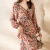 Korobov New Arrival Kobiety Sukienka Sweet Print Chic Szyfonowe Sukienki Kobiet Suknie Vintage Elegancki Z Długim Rękawem V Neck Robe Femme 210430