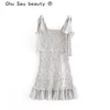 Chu Sau beauty Fashion Vintage Striped Slip Dress Donna Casual Chic Off spalla Pieghe pieghettate Mini abiti laminati Donna 210508