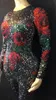 Jumpsuits Mulheres Macacões Aniversário Comemore Dança Festa Stage Bodysuit Sparkly Strass Jumpsuit Black Rose Flores Desgaste Leggings