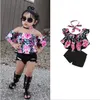 Été bébé enfants filles vêtements 3D fleur imprimé sans manches à volants col rond pull T-shirts Denim trou pantalon filles ensemble de vêtements