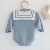 Sailor Collar Infant Baby Girls Bowknot Knit Rompers Clothing Autumn Winter Kids Girl Long Sleeve Clothes 210521