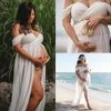 Bez ramiączek Macierzyński Szyfonowe Długie Suknie Podziel Open Otwarty Front Maternity Długie Suknie do fotografii Strzelanie Biała Ciąża Maxi Dress Q0713