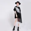 [EAM] Women Black Wings Stitch Mesh Big Size Dress Round Neck Short Sleeve Loose Fit Fashion Spring Summer 1W948 210512