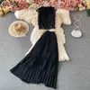 Neploe Suit Women O Neck Lace Patchwork Crop Tops Slim Waist Pleated Large Swing Long Skirt Two-piece Sets Summer Femme Roupas 210422