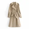 ZA Women Fashion met riem met dubbele borsten trench jas vintage zakken met lange mouwen vrouwelijke bovenkleding chic overjas 210915