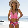 MITURN Różowy Drukowane Wysoką Talię Dwa Kawałki Bikini Zestaw Tankini Swimsuit Kobiet Kobiet Kobiet Biegowy Swimwear Bather Kąpielowy garnitur 210630