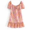 Summer Women Vintage Mini Dress Print Short Sleeve Strapless ZA Bow Tie Female Elegant A-Line Dresses Vestidos 210513