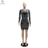 Vazn Höst High-End Beading Sexig Club Elegant Sweet Full Sleeve Klassisk Svart Kvinnor Skinny Mini Dress Vestido 211115