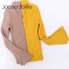 Jocoo jolee mode halter stickad tröja kvinnor hösten vinter pullover kvinnliga toppar slim v hals flare hylsa jumper casual pull 210619