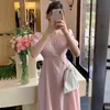 Kleider Sommer Chic Koreanische Sanfte Süße Square Neck Puff Sleeve Kleid Mädchen Temperament Schlanke Taille Kurzarm Vestido Solide 210610