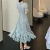 Mode Elegant Solid Lace Hollow Out Dress Women's Flared Sleeves Vintage Green Summer Dresses Vestidos 210520