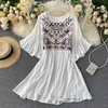 Summer Arrival Ladies Floral Flare Sleeve Chiffon Loose Garment Women Retro Indie Folk Embroidery Vacation Dress 210430
