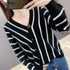 Neploe Korean Knitted Pullover Women Striped Casual Loose Sweater Single Breasted V Neck Irregular Tops Thin Fashion Jumper 210422