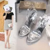 Transparent Crystal Car Model Super High Heels Stiletto Platform Sandaler Nattklubb Kvinnor Skor Transparenta PVC Buckles Sandals X0526