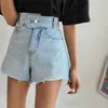 Dam sommar hög midja två knappar tvättade råkant denim shorts kvinnor booty shorts kvinnor hög midja 210714