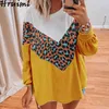 Womens tops e blusas outono leopardo impressão retalhos manga longa o pescoço camisas femininas casuais senhoras soltas streetwear 210513