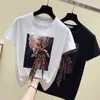 GKFNMT Kore Beyaz T Gömlek Kadın Giysileri O-Boyun Yaz Kısa Kollu Aplikler Vintage Tshirt Casual Siyah Tee Gömlek Tops Femme 210623