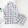 Färsk plaid 100% Gaze Cotton Lovers Pajama Set och Män Höst Långärmad Japansk Casual Sleepwear Pyjamas 210831