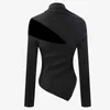 Twotwinstyle assimétrico preto camiseta para mulheres manga comprida oco out slim malha tops feminino moda roupas outono 210517