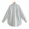 白い縞模様の特大シャツのための女性ブラウススプリングカラーボタンアップシャツ長袖非対称裾のプラスサイズトップ210430