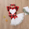 kids Clothing Sets Girls lattice outfits children Love plaid Flying sleeve Tops+Lace skirts+Bow Headband 3pcs/set summer fashion Boutique baby Clothes