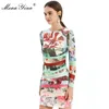 Fashion Designer Dress Summer Women's dress Long sleeve Mesh Floral-Print Beaded Slim Package hip Sexy Dresses 210524