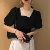 Summer Retro Slim Lace Square Neck Puff manica corta camicetta pieghettata Donna Short Blusas Mujer Patchwork Black Top Fashion Thin 210610