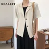 綿とリネンの夏の女性のブレザーカジュアルな単一の胸のジャケットノッチビンテージ半袖ポケットトップ210428