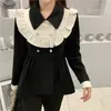 Women Double-Breasted Jacket Spring Autumn Turn Down Collar Black White Ruffle Patchwork C0406 210514