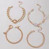 4pcs/sets Punk Thick Chain Gold Bracelets for Women Luxury Rhinestone Hollow Geomtry Alloy Metal Jewelry