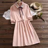 Mori Girl Spring Autumn Women Dress Turn-Down Collar Ribbon Lace Up Vestidos Embroidery De Festa Vintage 210520