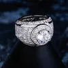 Hip Hop Baguette Cluster CZ Iced Out Diamond Ring High Quality White Gold Bling Fashion Mens Anneaux 290U