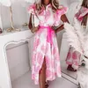 2021 Summer Women Shirt Lace-Up Belt Dress Vintage Pattern Print A-Line Midi Dresses Sexy V Neck Button Short Sleeve Party Dress Y1006