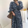 Nomikuma blommiga klänningar vintage puff ärm koreanska eleganta smala midja kvinnor klänning kausal o-nacke a-line midi vestido femme 6e382 210427