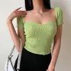 Yedinas Summer T Shirt Women Short Sleeve Sexy Cropped Tops Knitted Elastic Tee Square Collar Party Club Female 210527