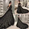 Zwarte Gothic Bruiloft Jurken 2022 Lange Mouw V-hals Sweep Train Lace Illusion Bodice Garden Country Bridal Dress Robees de Mariée