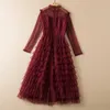 2021 Jesień Jesień Z Długim Rękawem Okrągły Neck Wine / Czarny Solid Color Tweed Hearts Tulle Boaned Losted Mid-Calf Dress Elegant Casual Dresses 21S160915