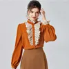 High Quality Runway Designers Spring Elegant Ruffles Patchwork Flare Sleeve Women Blouses Office Lady Shirts Fashion Party Tops 210601