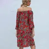 夏の緩いスラッシュネックオフショルダーセクシープリントドレス女性半袖シャツAラインビーチスタイルミニES 210508