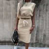 Sommar Kvinnor Kjol Suits Solid Färg Sexiga Ärmlös Tops Drawstring Kjol Set Casual Lady Two Piece Set Streetwear 2021