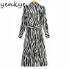 Bahar Kadın Vintage Zebra Çizgili Uzun Gömlek Elbise Kadın Kol Yaka Yaka Sashes Rahat A-Line Vestido 210430