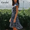 Floral Impressão Vestido de Envoltório de Verão Mulheres V Neck Curto Marinho Azul Beach Algodão Flare Tenve férias Vintage 210427