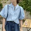 Korejpaa Women Shirt Summer Korean Chic Sweet Gentle Cream Blue Lapel Single-Breasted Loose Two-Pocket Puff Sleeve Blouses 210526