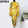Puff Sleeve Yellow Print Flower Midi Length Bodycon Dress Omighty Summer Floral Ladies V Neck Vestidos es 210527