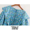 Mulheres Moda Floral Impressão Ruffled Blusas Vintage Slow Sleeves Voltar Lace-Up Camisas Femininas Blusas CHIC Tops 210507